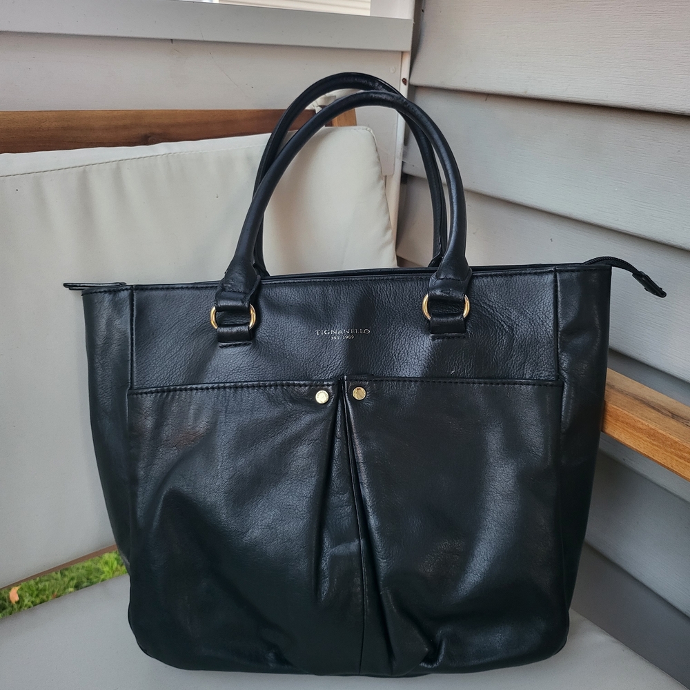 Tignanello Black Leather Tote Bag 14 X 5 X 12